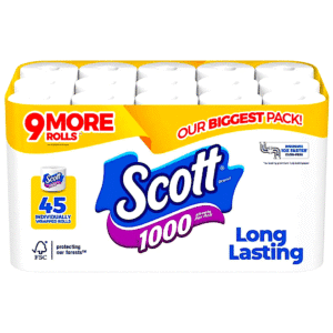 SCOTT ROLL TOILET PAPER 45 ROLLS, 1,000 SHEETS