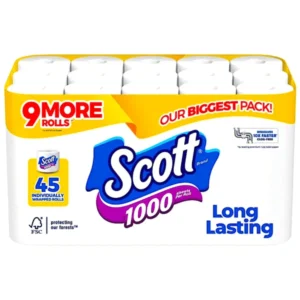 5 SCOTT ROLL TOILET PAPER 45 ROLLS, 1,000 SHEETS